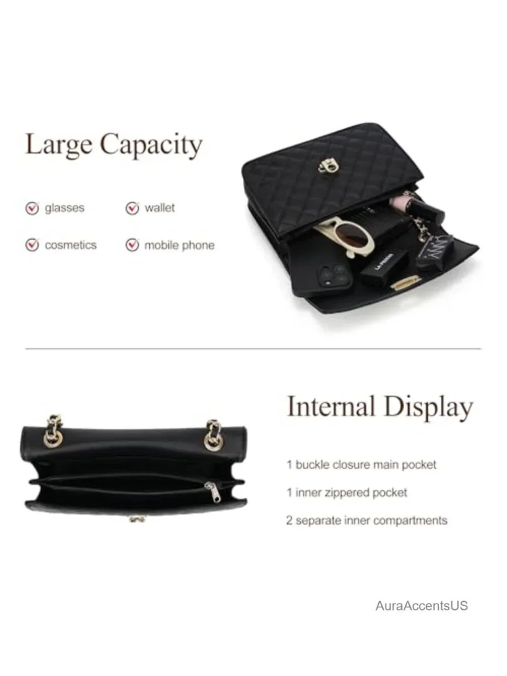 Quilted Vegan Leather Crossbody Bag with Gold Chain Shoulder Strap